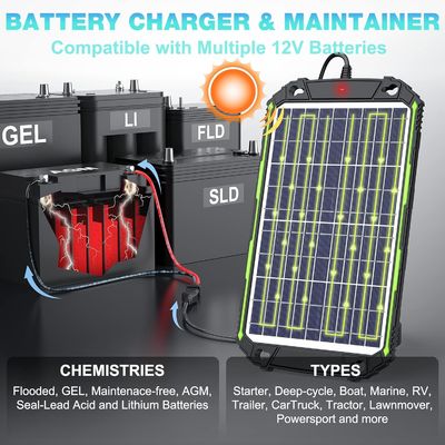10W 12V ওয়াটারপ্রুফ সোলার ব্যাটারি চার্জার রক্ষণাবেক্ষণকারী গাড়ি নৌকা সামুদ্রিক আরভি জন্য